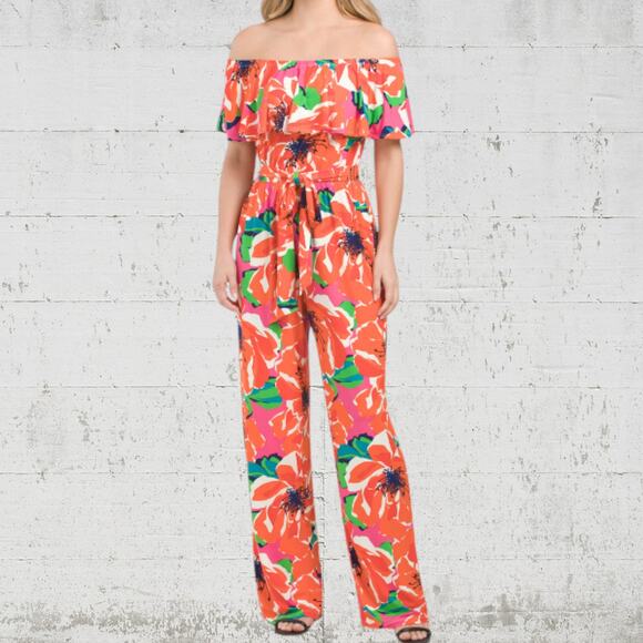 Trina Turk Orange Multicolor Off-Shoulder Floral Wide-Leg Jumpsuit Size Medium - Picture 1 of 10